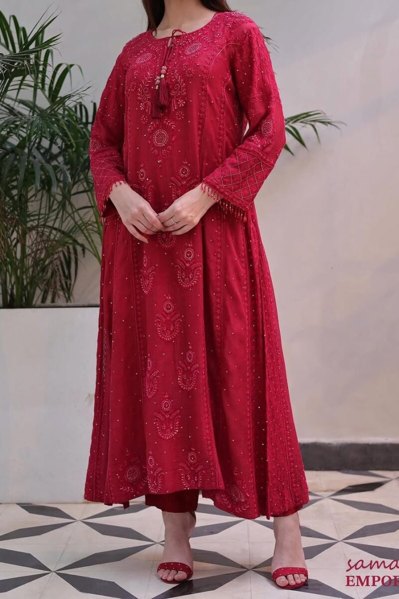 Ruby Red Malmal Pearl Work Chikankari Anarkali With Dupatta