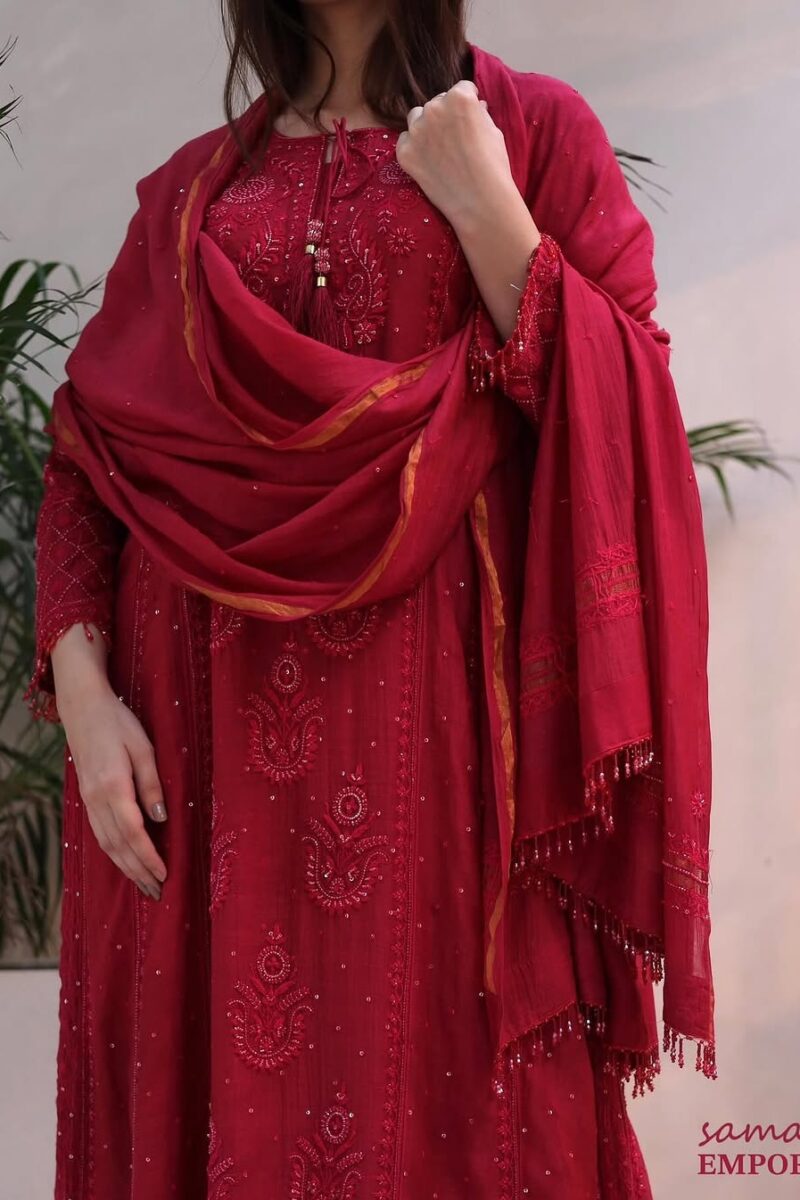Ruby Red Malmal Pearl Work Chikankari Anarkali With Dupatta