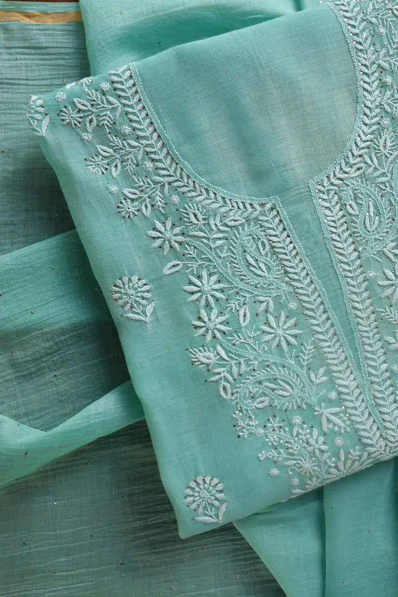 Sea Green Mal Cotton Chikankari Unstitched Kurta Dupatta Fabrics With Kamdani