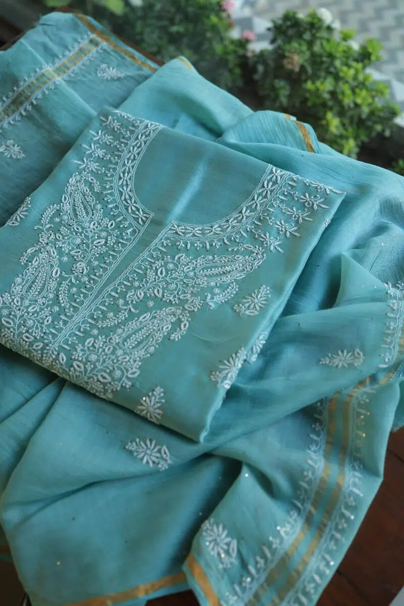 Green Mal Cotton Chikankari Unstitched Kurta Dupatta Fabrics With Kamdani