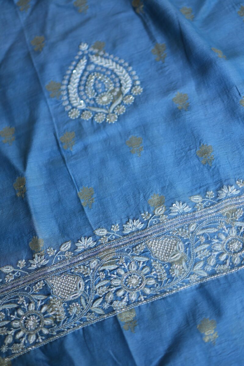 Silk Blue Banarasi Zari Chanderi Unstitched Chikankari Fabrics