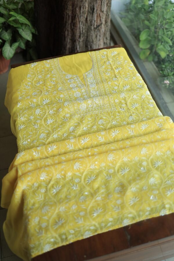 Yellow Crush Chanderi Sequins Chikankari Kurta Dupatta Set - Image 2