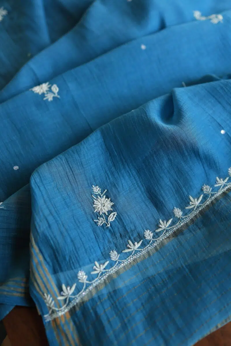 Silk Blue Crush Chanderi Sequins Chikankari Kurta Dupatta Set