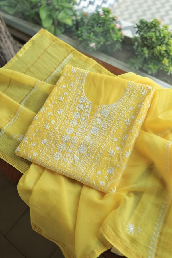 Yellow Crush Chanderi Sequins Chikankari Kurta Dupatta Set - Image 7