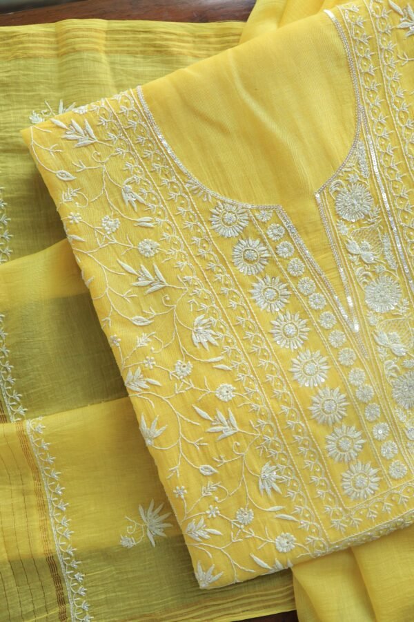 Yellow Crush Chanderi Sequins Chikankari Kurta Dupatta Set - Image 8