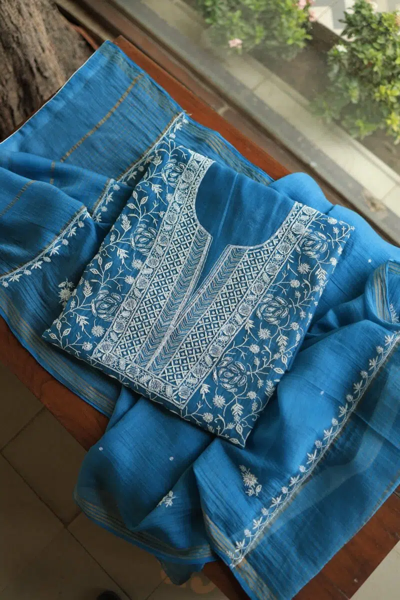Silk Blue Crush Chanderi Sequins Chikankari Kurta Dupatta Set