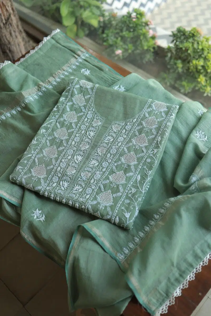 Slate Green Shade Roheen Tissue Silk Chikankari Unstitched Fabrics