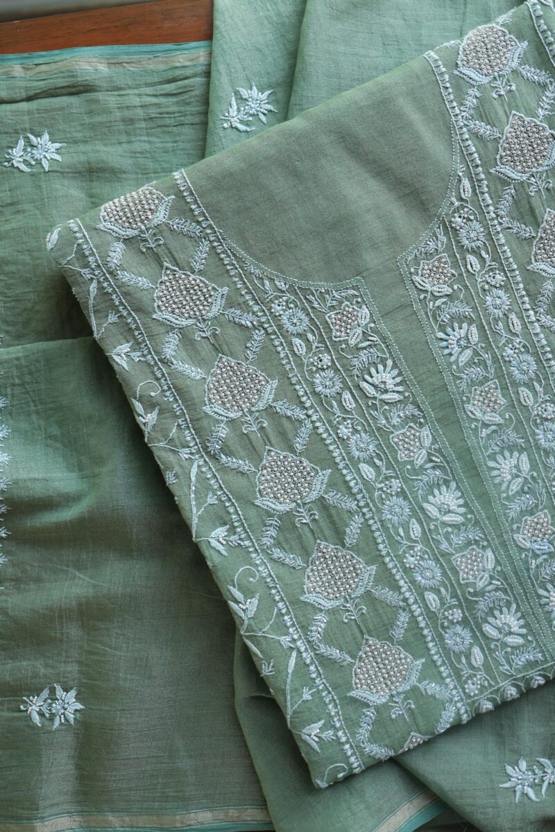 Slate Green Shade Roheen Tissue Silk Chikankari Unstitched Fabrics
