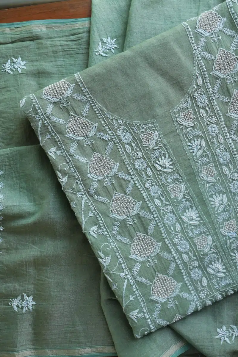 Slate Green Shade Roheen Tissue Silk Chikankari Unstitched Fabrics