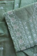 Slate Green Shade Roheen Tissue Silk Chikankari Unstitched Fabrics
