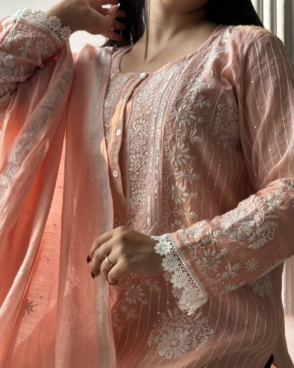 Soft Malmal Stripe Pattern Pearl Work Chikankari Kurta Set - Image 12