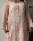 Soft Malmal Stripe Pattern Pearl Work Chikankari Kurta Set