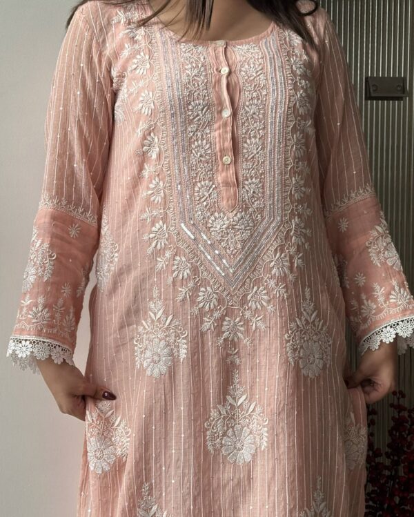 Soft Malmal Stripe Pattern Pearl Work Chikankari Kurta Set - Image 7