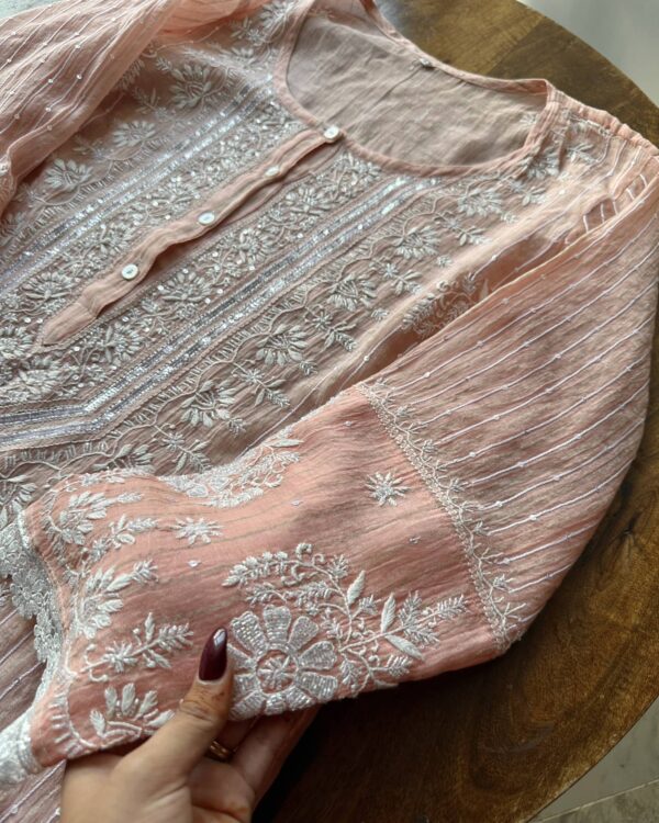 Soft Malmal Stripe Pattern Pearl Work Chikankari Kurta Set - Image 2