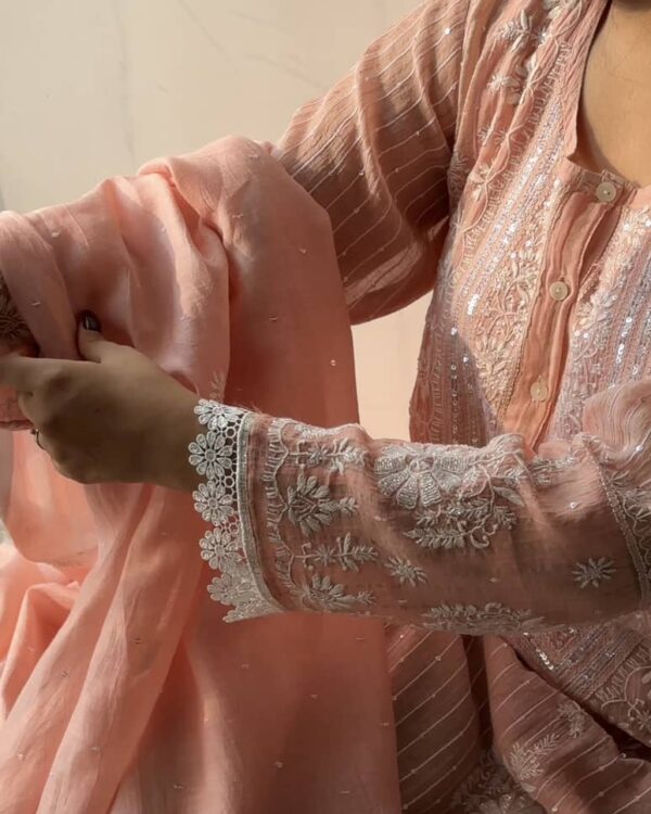 Soft Malmal Stripe Pattern Pearl Work Chikankari Kurta Set - Image 8