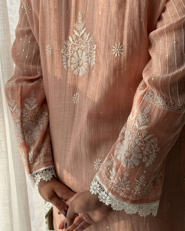 Soft Malmal Stripe Pattern Pearl Work Chikankari Kurta Set - Image 4