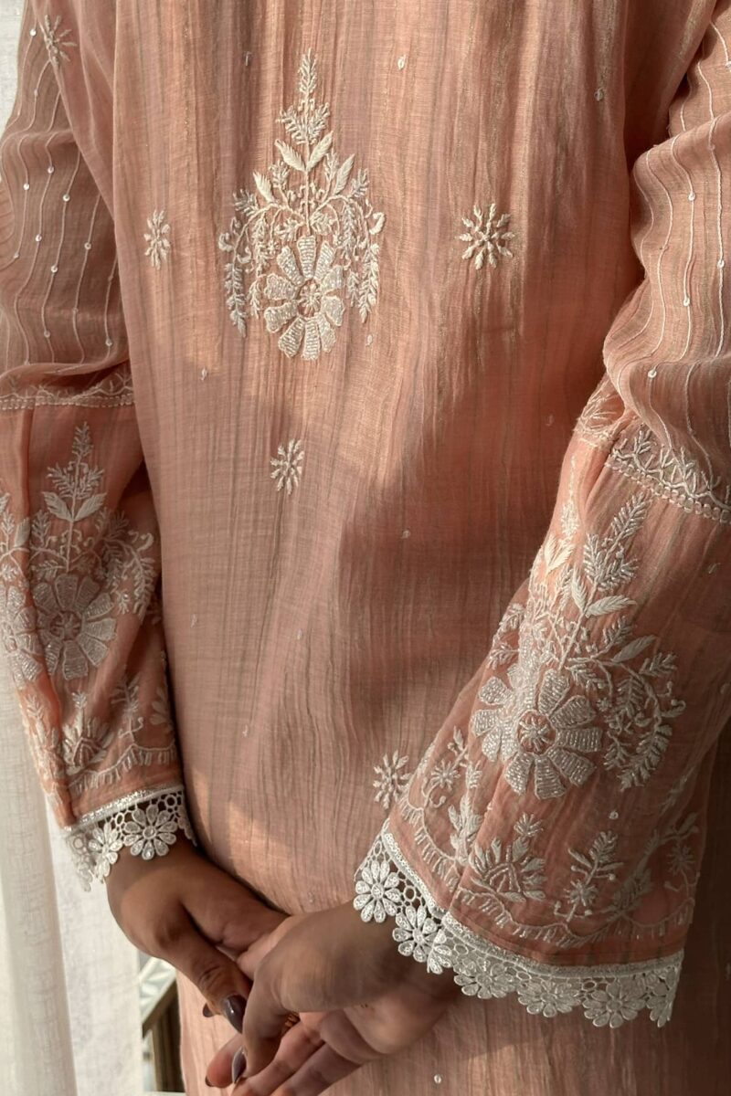 Soft Malmal Stripe Pattern Pearl Work Chikankari Kurta Set