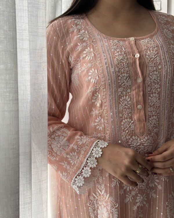 Soft Malmal Stripe Pattern Pearl Work Chikankari Kurta Set - Image 5