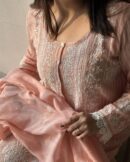 Soft Malmal Stripe Pattern Pearl Work Chikankari Kurta Set
