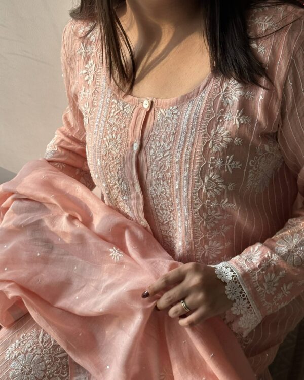 Soft Malmal Stripe Pattern Pearl Work Chikankari Kurta Set
