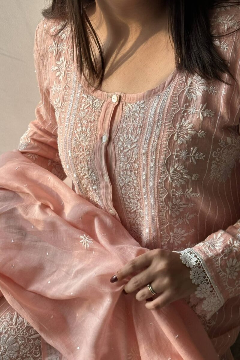 Soft Malmal Stripe Pattern Pearl Work Chikankari Kurta Set
