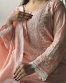 Soft Malmal Stripe Pattern Pearl Work Chikankari Kurta Set