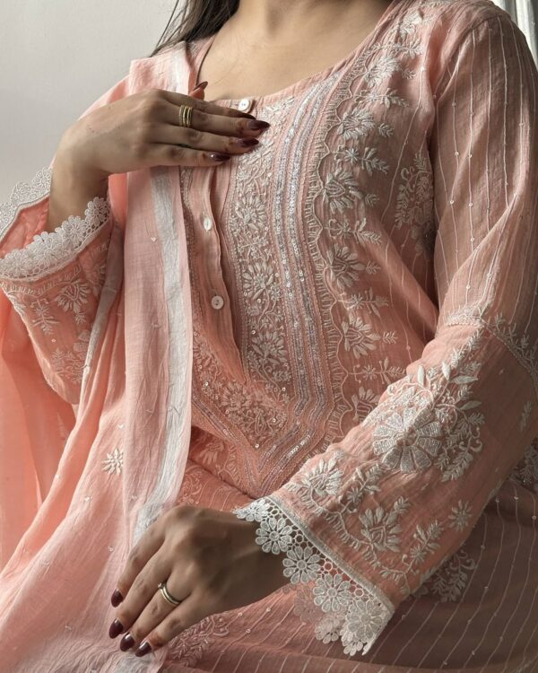 Soft Malmal Stripe Pattern Pearl Work Chikankari Kurta Set - Image 10