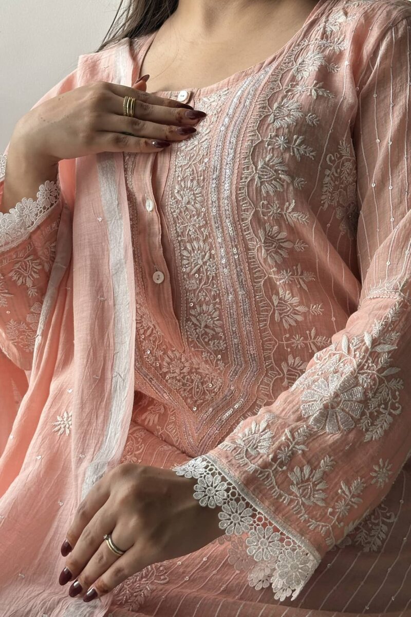 Soft Malmal Stripe Pattern Pearl Work Chikankari Kurta Set