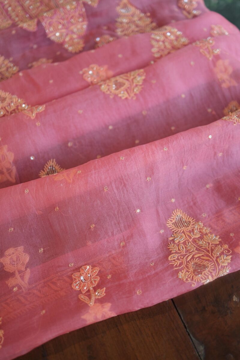 Tulip Pink Noor Organza Silk Chikankari Unstitched Kurta Dupatta Set