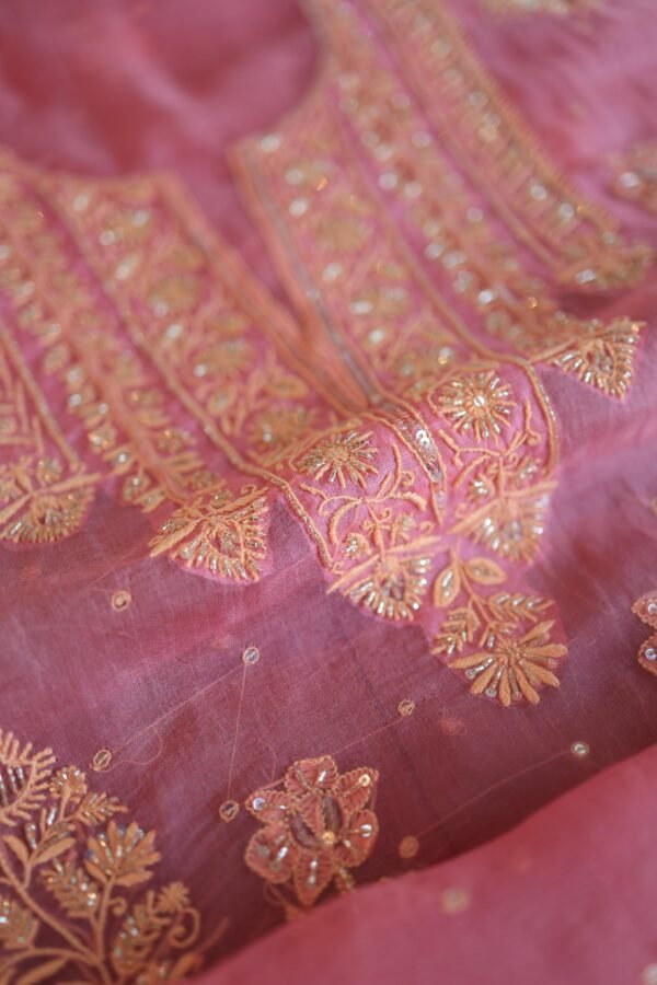 Tulip Pink Noor Organza Silk Chikankari Unstitched Kurta Dupatta Set - Image 6