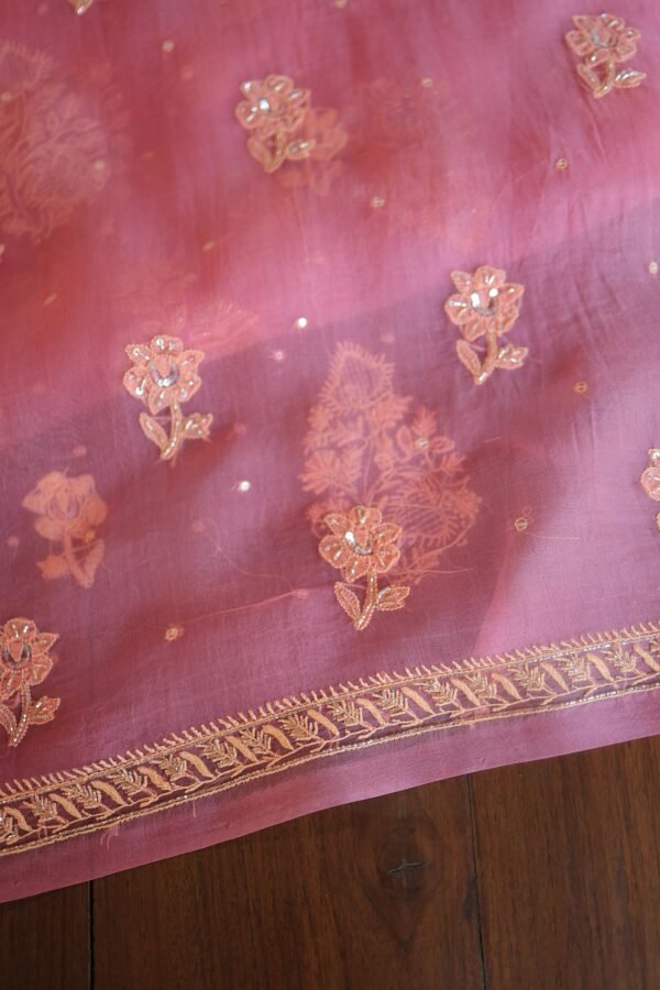 Tulip Pink Noor Organza Silk Chikankari Unstitched Kurta Dupatta Set - Image 7