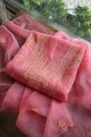 Tulip Pink Noor Organza Silk Chikankari Unstitched Kurta Dupatta Set