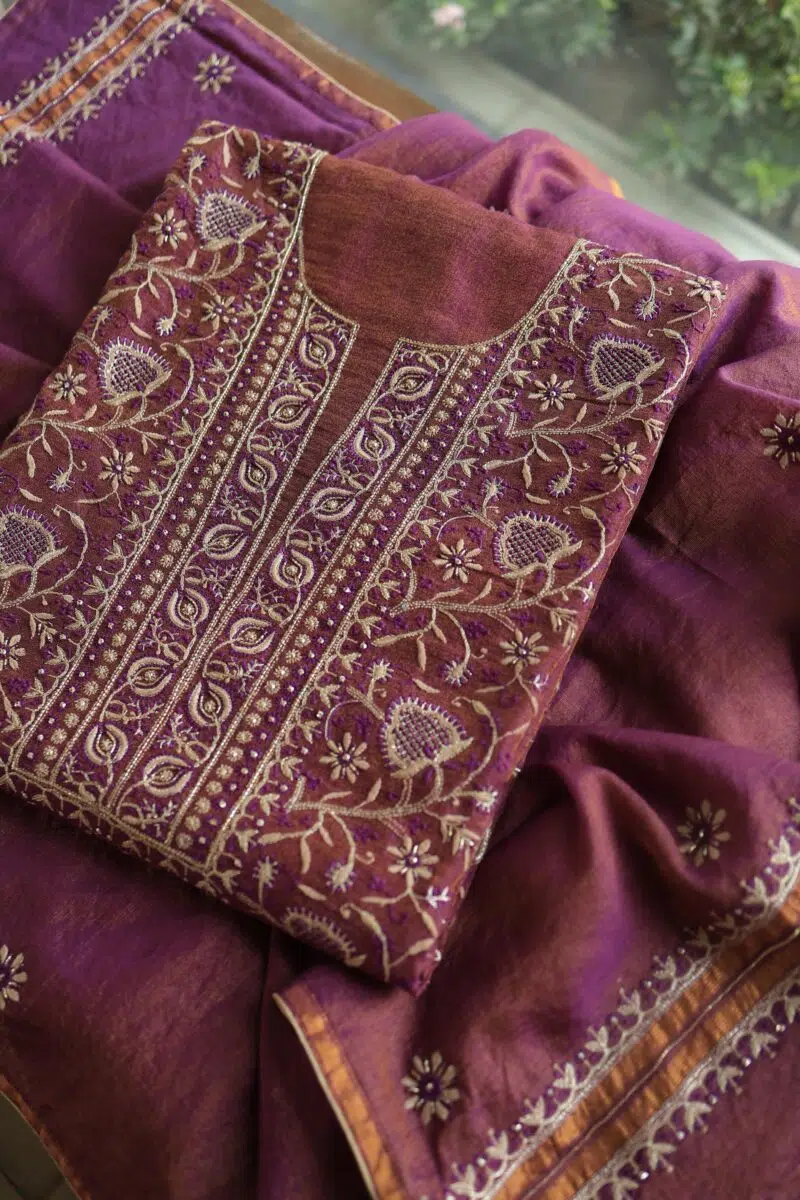 Wine Shade Roheen Tissue Silk Chikankari Unstitched Fabrics