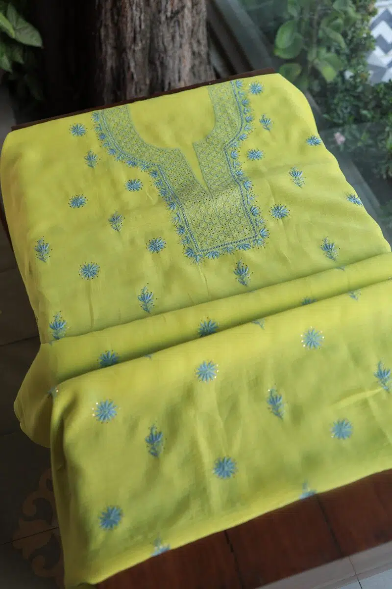 Yellow Mal Cotton Chikankari Unstitched Kurta Dupatta Fabrics With Kamdani