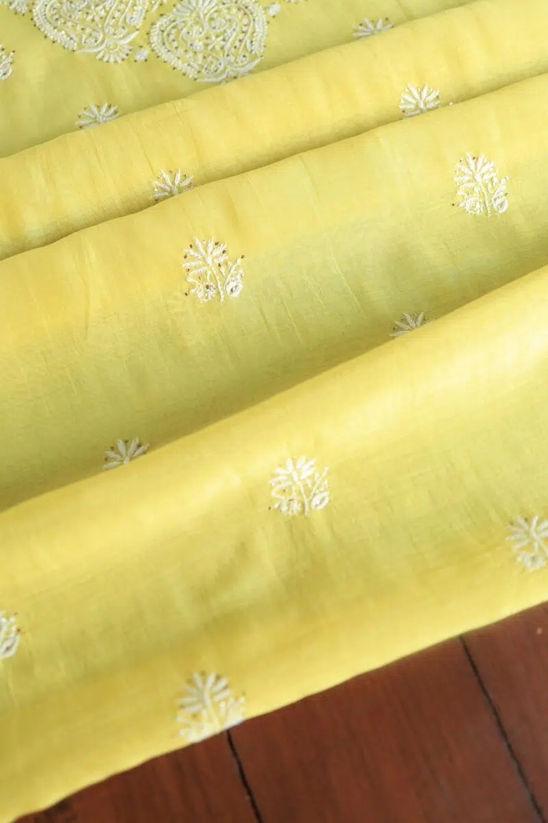 Yellow Mal Cotton Chikankari Unstitched Kurta Dupatta Fabrics With Kamdani