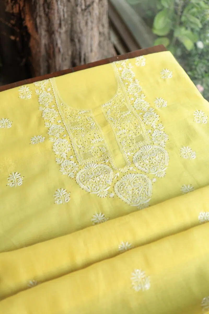 Yellow Mal Cotton Chikankari Unstitched Kurta Dupatta Fabrics With Kamdani