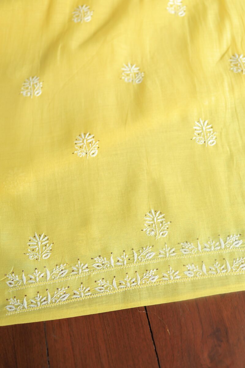 Yellow Mal Cotton Chikankari Unstitched Kurta Dupatta Fabrics With Kamdani