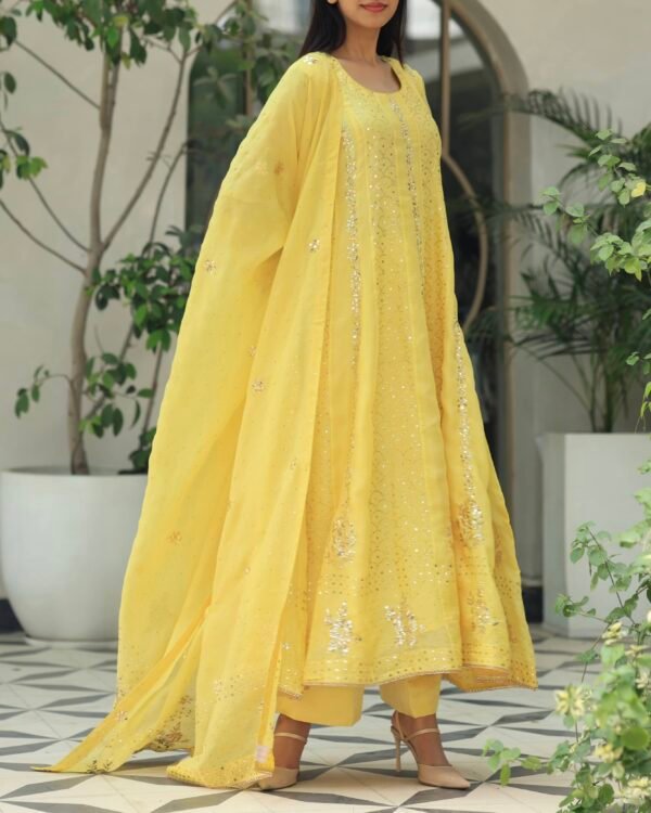 Yellow Noor Organza Chikankari Anarkali With Dupatta - Image 10