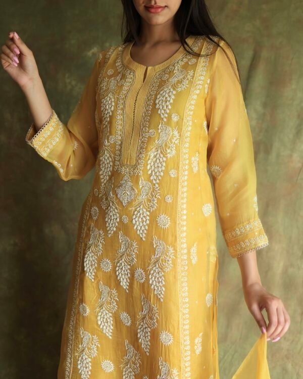 Yellow Noor Organza Silk Chikankari Straight Cut Kurta Dupatta Set - Image 2