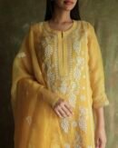 Yellow Noor Organza Silk Chikankari Straight Cut Kurta Dupatta Set