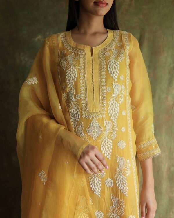 Yellow Noor Organza Silk Chikankari Straight Cut Kurta Dupatta Set