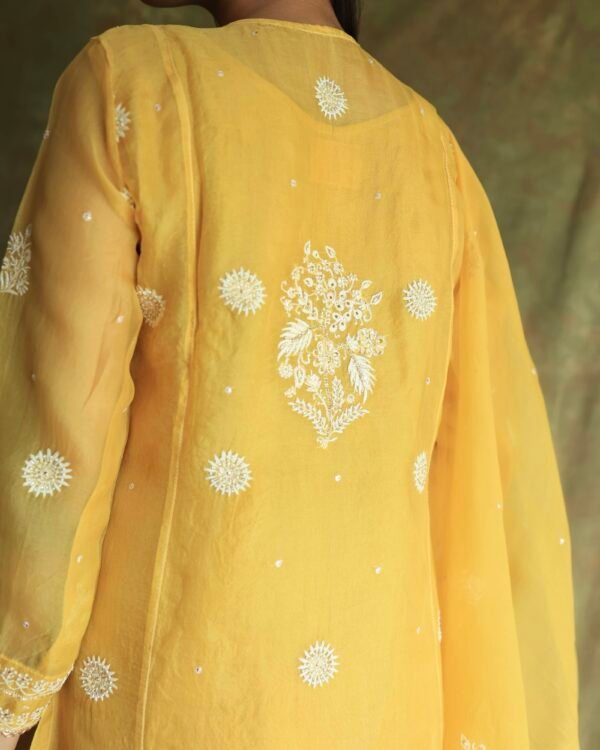 Yellow Noor Organza Silk Chikankari Straight Cut Kurta Dupatta Set - Image 12