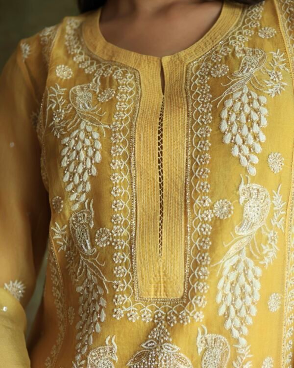 Yellow Noor Organza Silk Chikankari Straight Cut Kurta Dupatta Set - Image 3