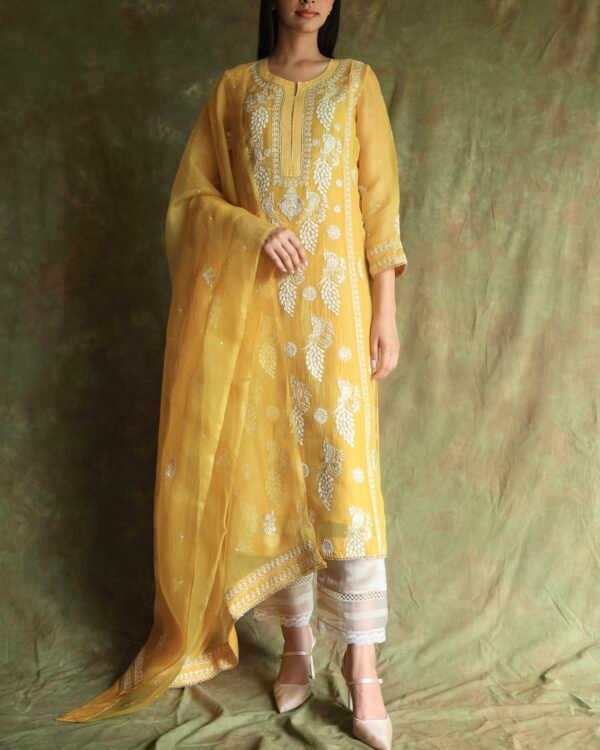 Yellow Noor Organza Silk Chikankari Straight Cut Kurta Dupatta Set - Image 4