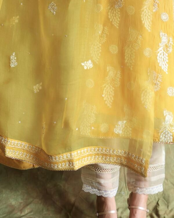 Yellow Noor Organza Silk Chikankari Straight Cut Kurta Dupatta Set - Image 5