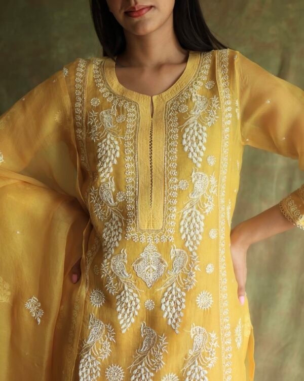 Yellow Noor Organza Silk Chikankari Straight Cut Kurta Dupatta Set - Image 6