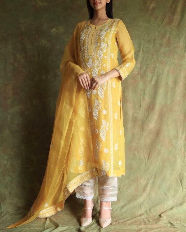 Yellow Noor Organza Silk Chikankari Straight Cut Kurta Dupatta Set - Image 7