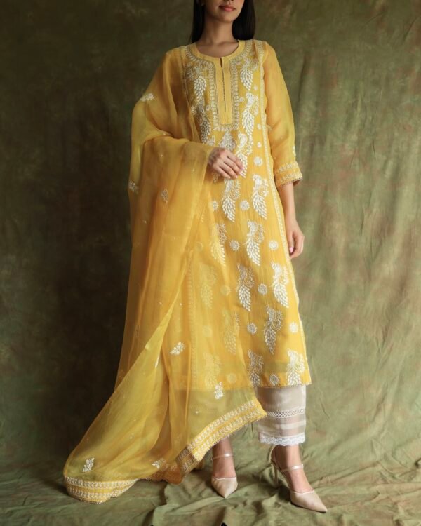 Yellow Noor Organza Silk Chikankari Straight Cut Kurta Dupatta Set - Image 8