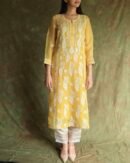 Yellow Noor Organza Silk Chikankari Straight Cut Kurta Dupatta Set