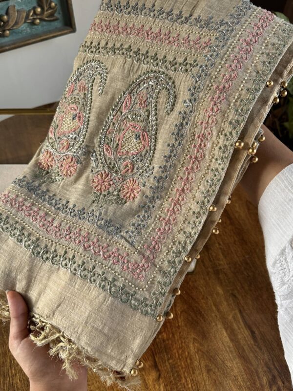 Natural Shade Fine Chikankari Ari Tissue Silk Dupatta - Image 2
